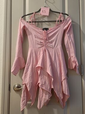 Current Mood Pink Off-Shoulder Asymmetrical Handkerchief Hem Dress